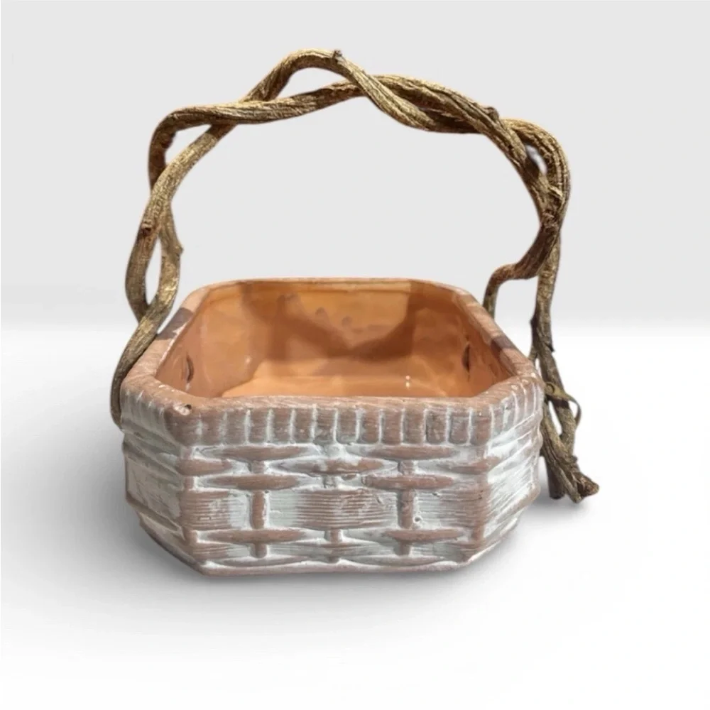 White Wash Basket Ceramic Rustic Terracotta With Real Vine Handles. 8x7x6